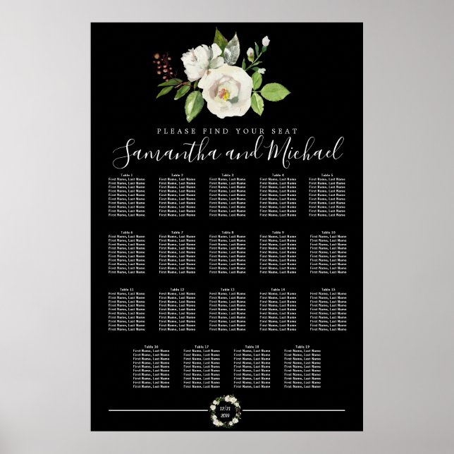 White Rose Floral on Black 19-Table Seating Chart (Front)
