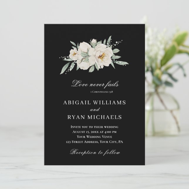 White Rose Floral on Black Christian Bible Wedding Invitation (Standing Front)