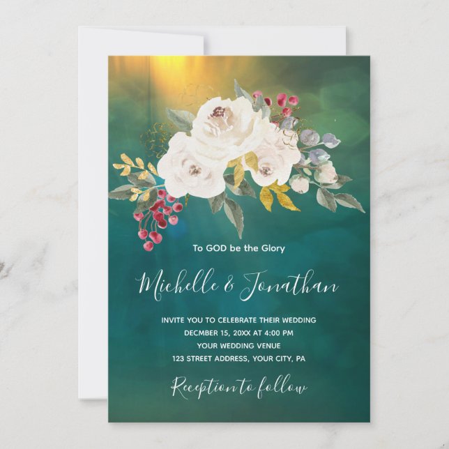 White Rose Floral on Green Christian Wedding Invitation (Front)