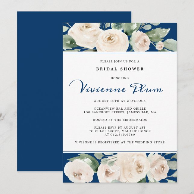White Rose Floral on Navy Blue Bridal Shower Invitation (Front/Back)