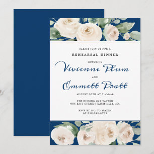 White Rose Floral on Navy Blue Rehearsal Dinner Invitation
