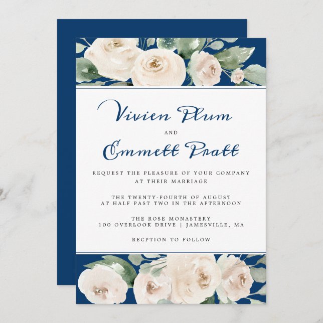 White Rose Floral on Navy Blue Wedding Invitation (Front/Back)