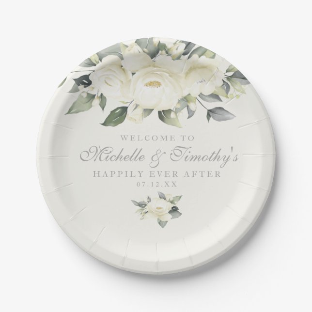White Rose Floral Paper Plate (Front)