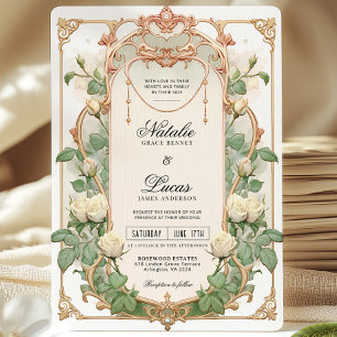 White Rose Floral Vintage Wedding Invitation