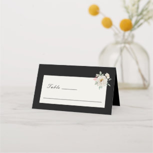 White Rose Floral Watercolor on Black Wedding Place Card