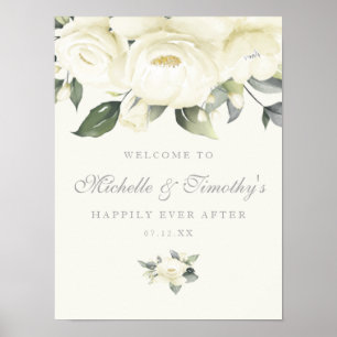 White Rose Floral Wedding Sign