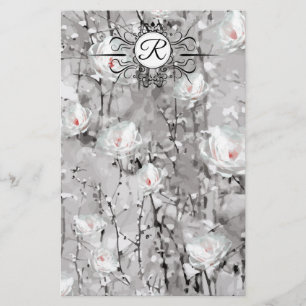White rose floral winter grey pattern stationery