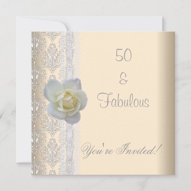 White Rose Flower Cream Fabulous 50th Birthday Invitation (Front)