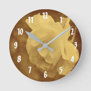 White Rose Flower In Faux Vintage Sepia Round Clock