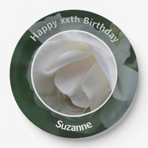 White Rose Flower Personalized Happy Birthday Paper Plate