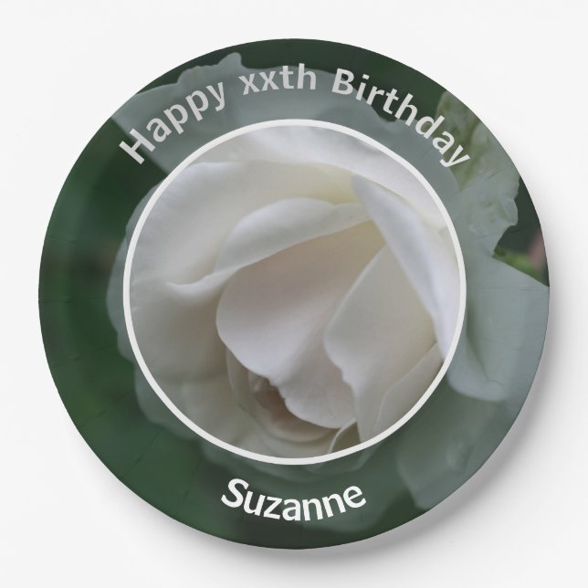 White Rose Flower Personalized Happy Birthday Paper Plate (Front)
