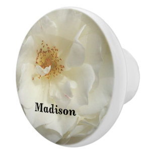 White Rose Flower Photo with Name Large Bloom Ceramic Knob