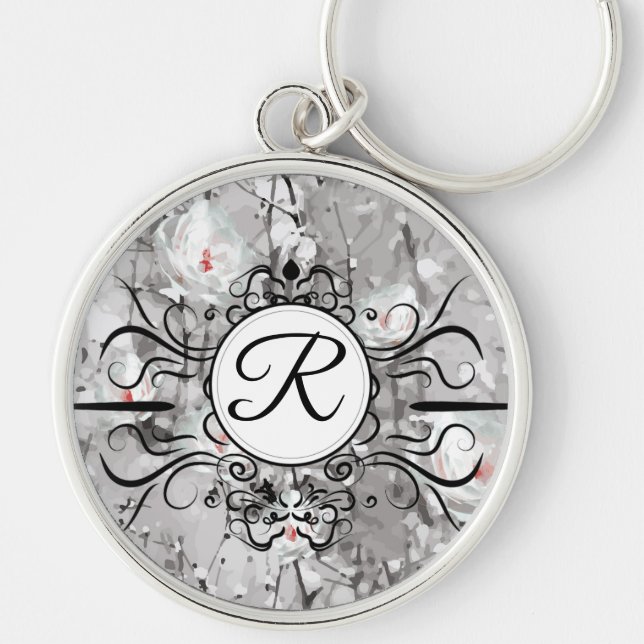 White rose flower winter floral gray keychain (Front)