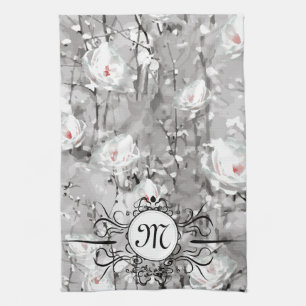 White rose flower winter floral grey kitchen towel