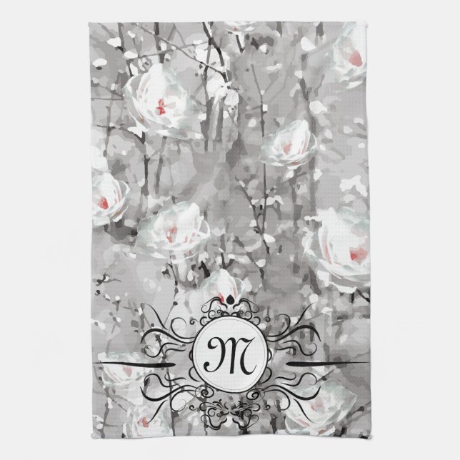 White rose flower winter floral grey kitchen towel (Vertical)