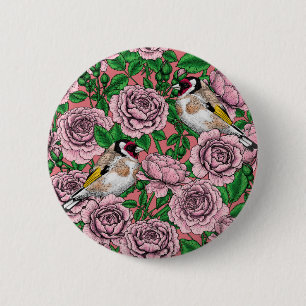 White rose flowers and goldfinch birds 2 inch round button