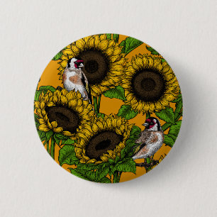 White rose flowers and goldfinch birds 2 inch round button