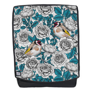White rose flowers and goldfinch birds backpack
