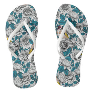 White rose flowers and goldfinch birds flip flops