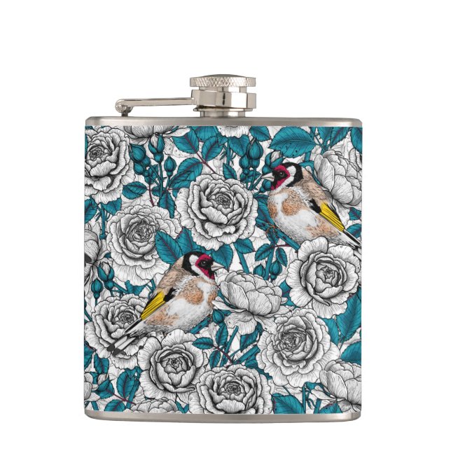 White rose flowers and goldfinch birds hip flask (Front)