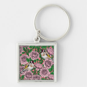 White rose flowers and goldfinch birds keychain