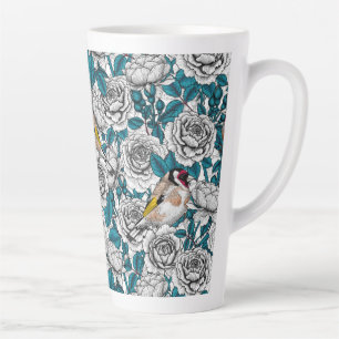 White rose flowers and goldfinch birds latte mug