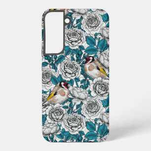 White rose flowers and goldfinch birds samsung galaxy case