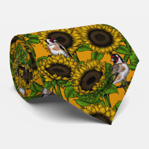 White rose flowers and goldfinch birds tie