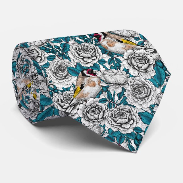 White rose flowers and goldfinch birds tie (Rolled)