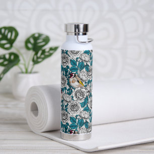 White rose flowers and goldfinch birds water bottle