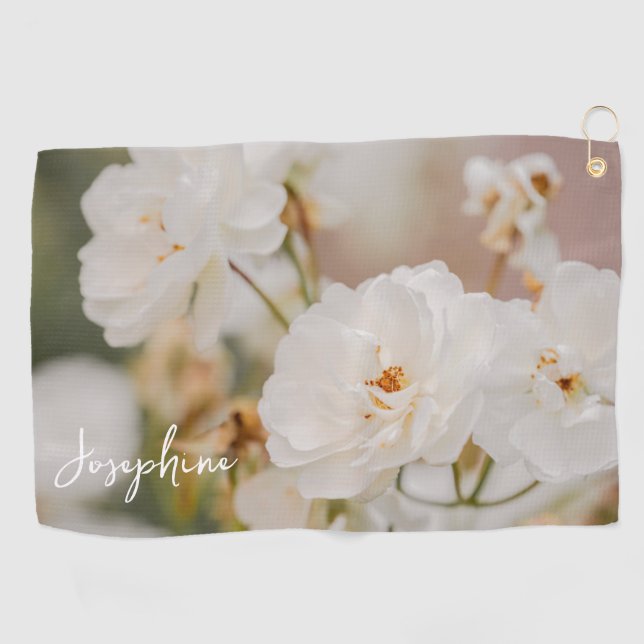White Rose Flowers Botanical Photo And Custom Name Golf Towel (Horizontal)