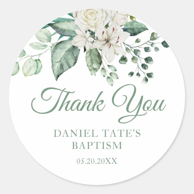 White Rose Flowers Eucalyptus Baptism Classic Round Sticker (Front)