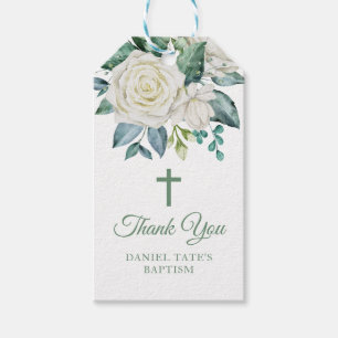 White Rose Flowers Eucalyptus Baptism Gift Tags