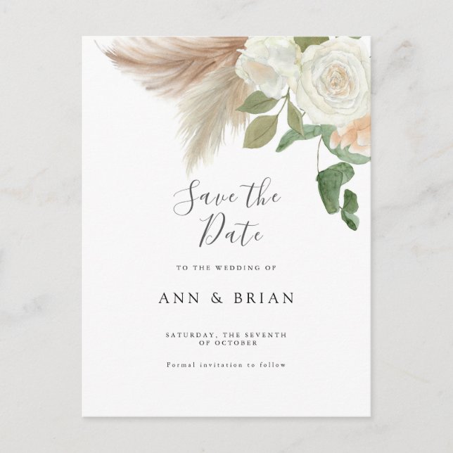 White Rose flowers floral eucalyptus Save the Date Postcard (Front)