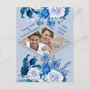 White Rose Flowers on Blue pattern paper Announcement Postcard