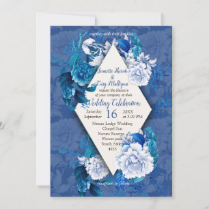 White Rose Flowers on Blue pattern paper Invitation