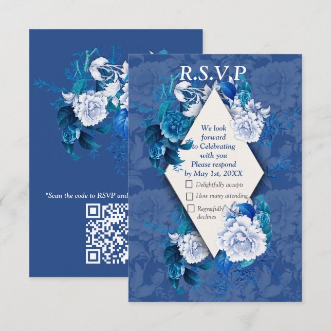 White Rose Flowers on Blue pattern paper  RSVP Card (Front/Back)