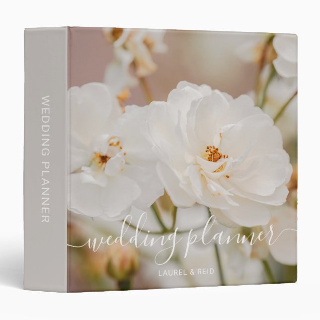 White Rose Flowers Photo Custom Wedding Planner Binder (Front/Spine)