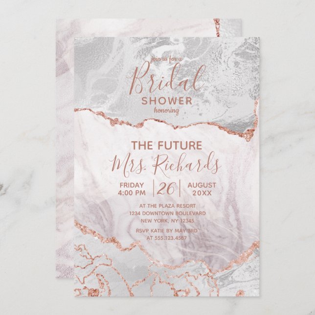 White & Rose Gold Agate Bridal Douche Invitation (Devant / Derrière)