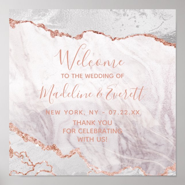 White & Rose Gold Agate Gilt Wedding Welcome Sign (Front)