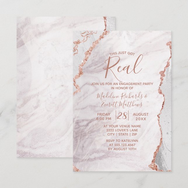 White & Rose Gold Agate Marble Engagement Party Invitation (Front/Back)