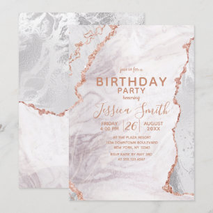 White & Rose Gold Agate Marble Foil Birthday Party Invitation