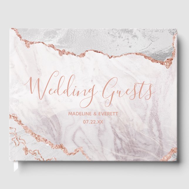 White & Rose Gold Agate Marble Foil Gilded Wedding Guest Book (Front)