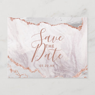 White & Rose Gold Agate Marble Foil Save the Date Announcement Postcard