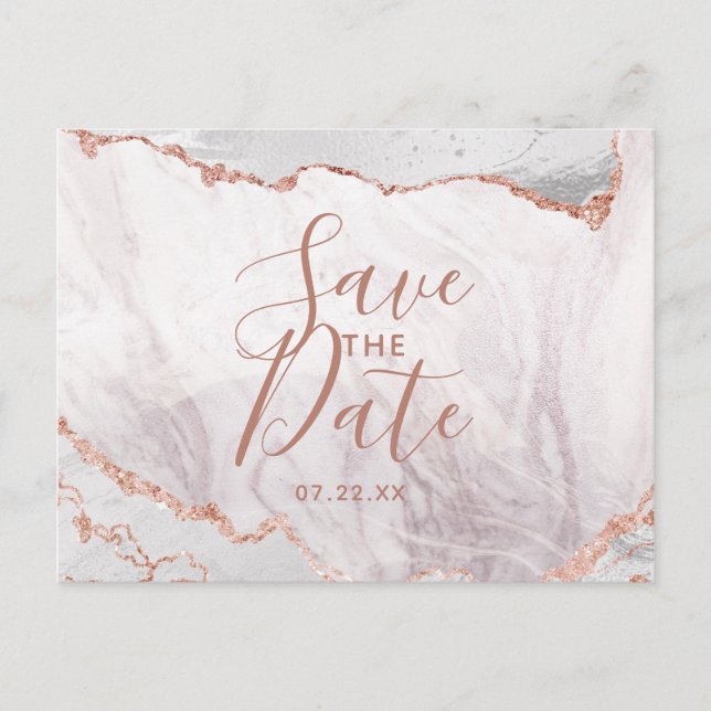 White & Rose Gold Agate Marble Foil Save the Date Announcement Postcard (Front)