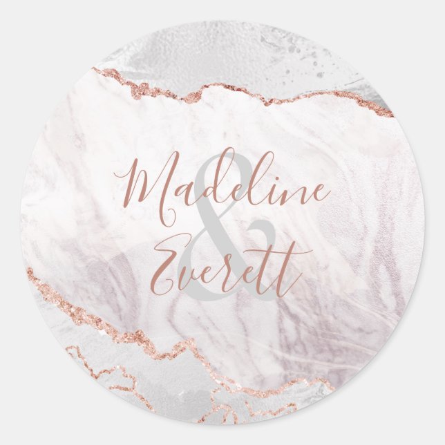 White & Rose Gold Agate Marble Monogram Wedding Classic Round Sticker (Front)
