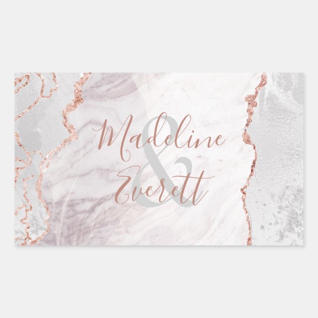 White & Rose Gold Agate Marble Monogram Wedding Sticker (Front)