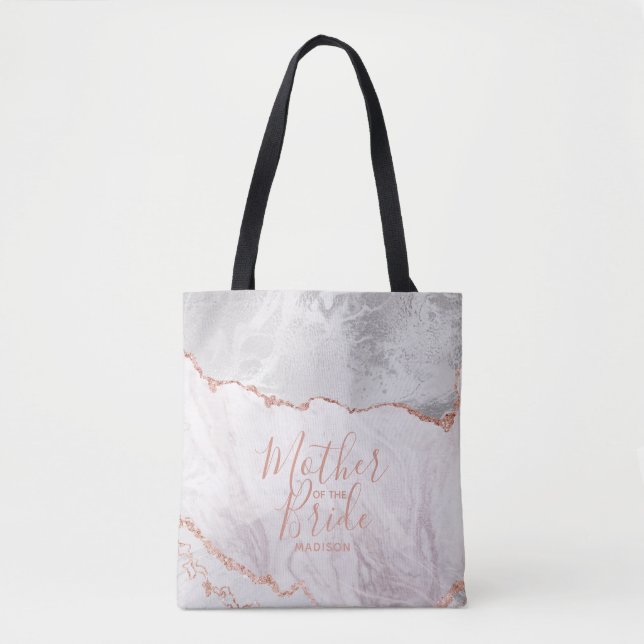 White & Rose Gold Agate Marble Mother of the Bride Tote Bag (Front)
