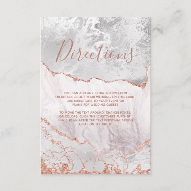 White & Rose Gold Agate Marble Wedding Directions Enclosure Card (Front)
