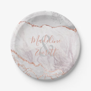 White & Rose Gold Agate Marble Wedding Monogram Paper Plate